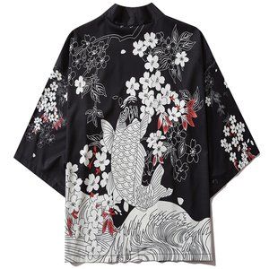 Summer Unisex Kimono Japanese Streetwear Cranes Graphic Kimono Shirt Tee yc-6039